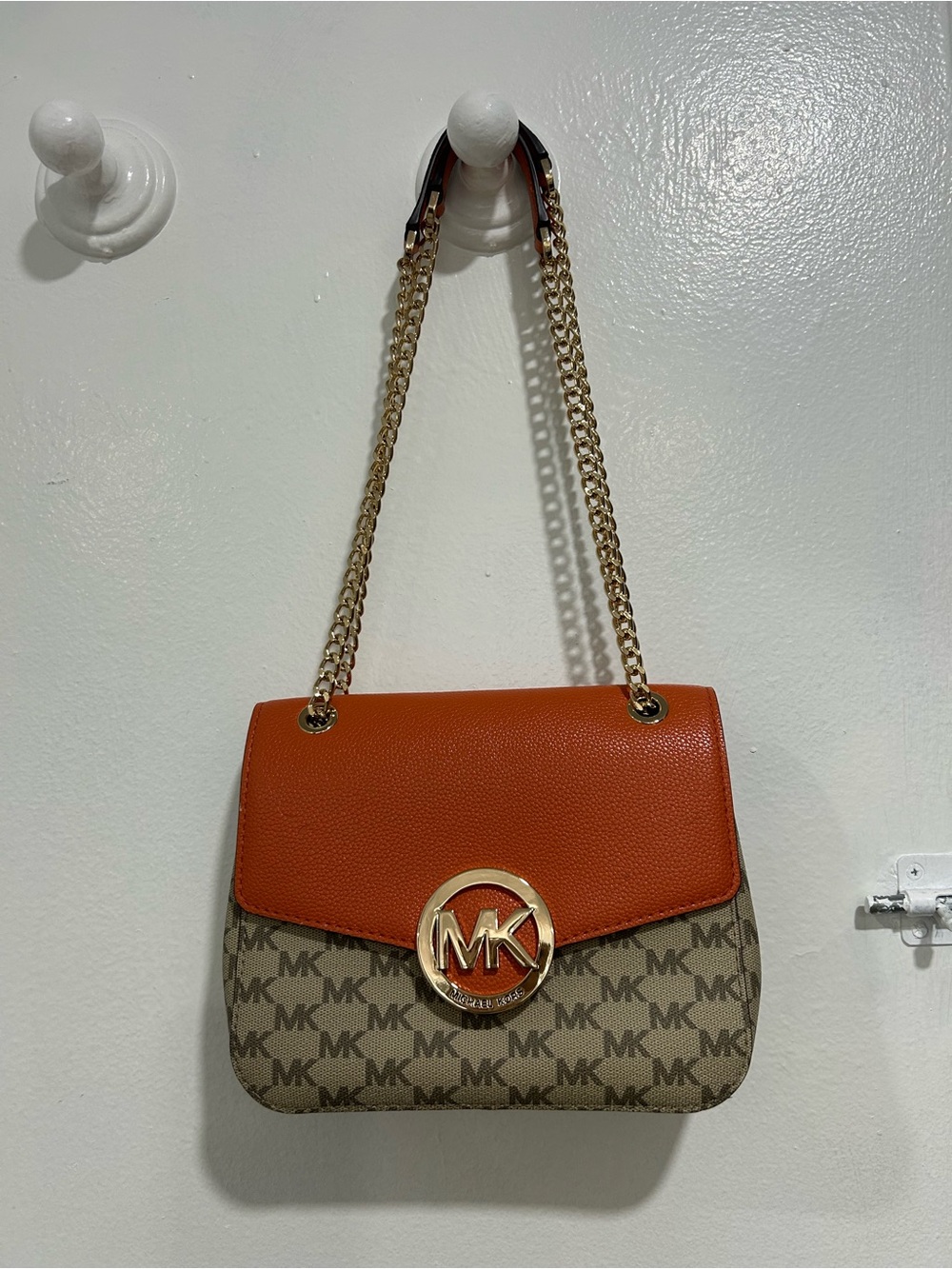 Michael Kors Orange and Brown MK Logo Chain Crossbody Bag